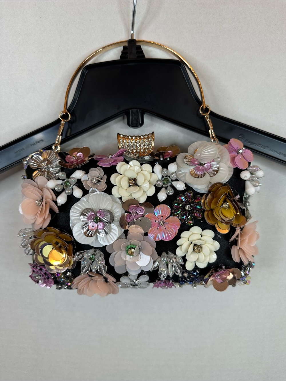 Embellished Floral Evening Clutch in Black with Multicolor Flowers, New